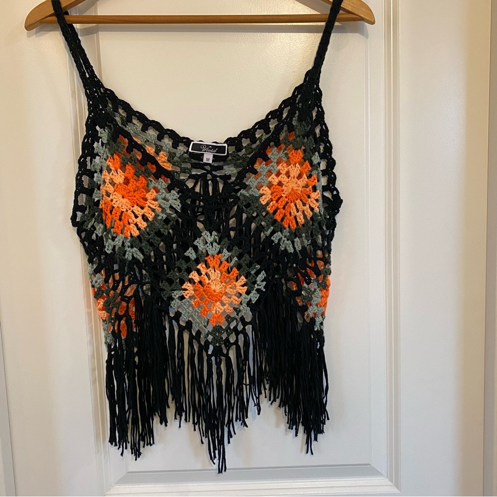 Crochet Fringe Tank Top - Black and Orange